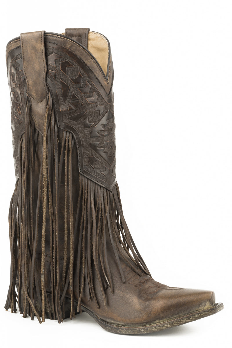 Stetson Ladies Sloane Leather Hand Tooled With Fringe Boots