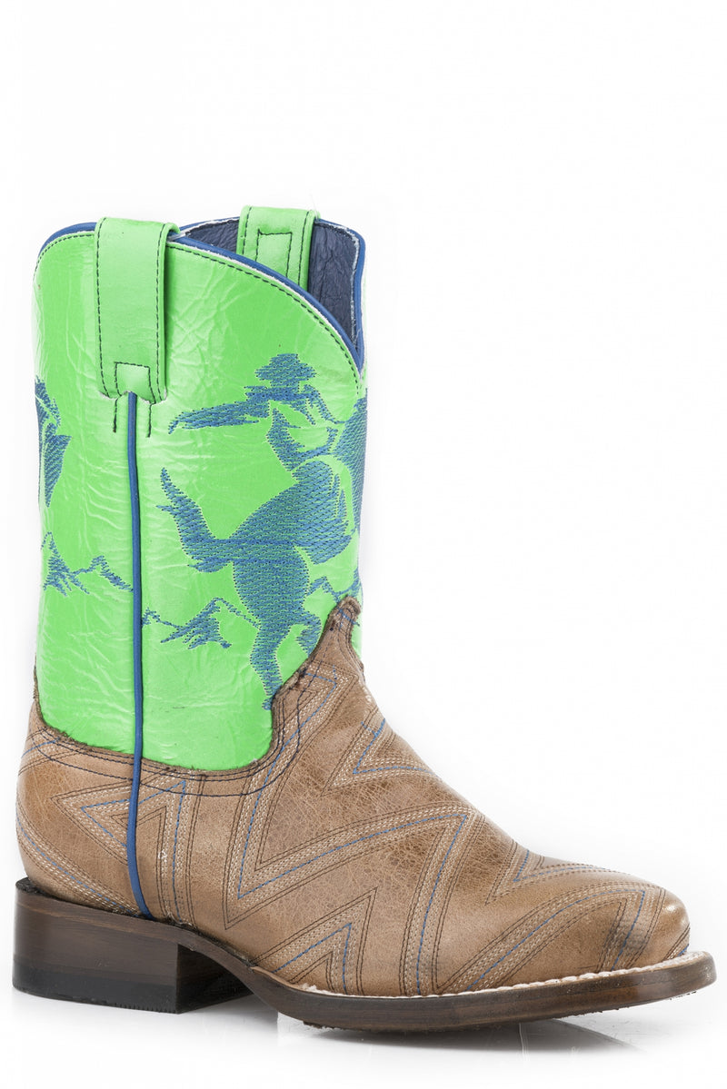 Roper Boys Stitched Tan/Embroidered Bronco Rider Leather Boots