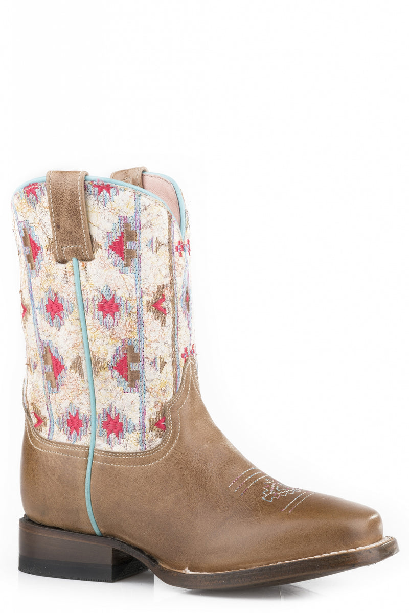 Roper Kids Marbled Tan Leather Vamp/Embroidered Native Leather Boots