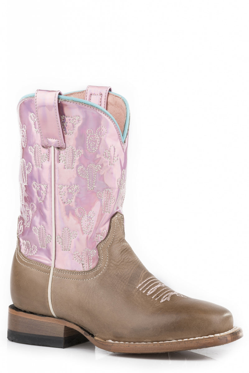 Roper Grils Waxy Brown/Pink Stitched Cactus Leather Boots