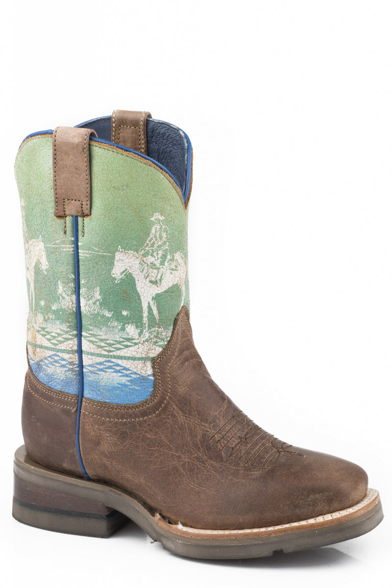 Roper Boys Waxy Tan/Printed Border Scene Western Leather Boots