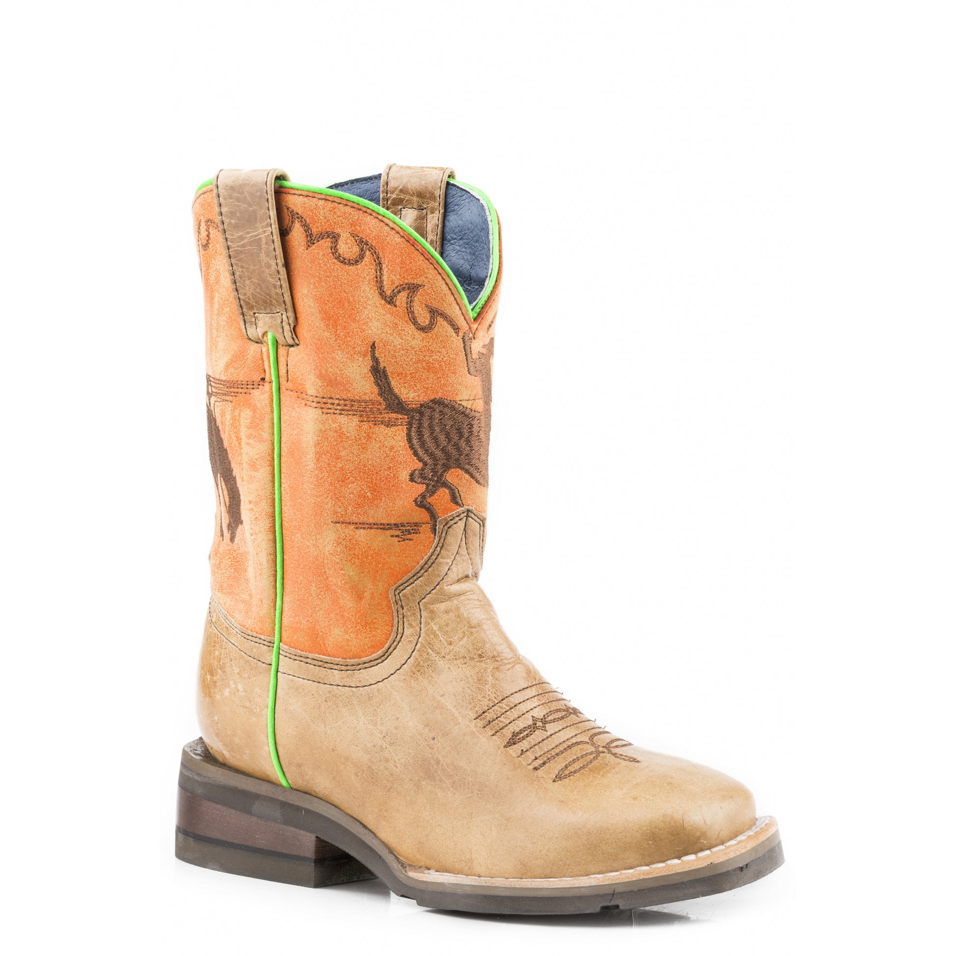 Roper Boys Embroidered Bronco Rider Tan/Burnished Orange Leather Boots