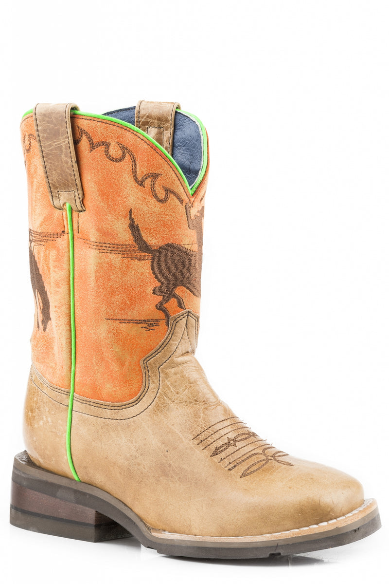 Roper Boys Embroidered Bronco Rider Tan/Burnished Orange Leather Boots