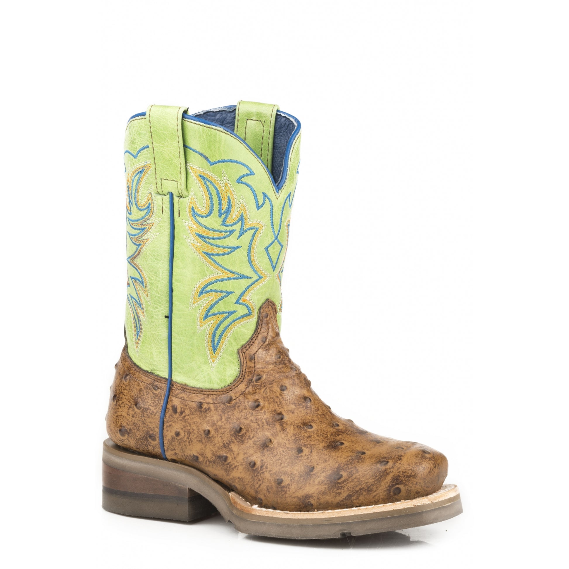 Roper Kids Burnished Tan Embossed Ostrich/Bright Green Leather Boots
