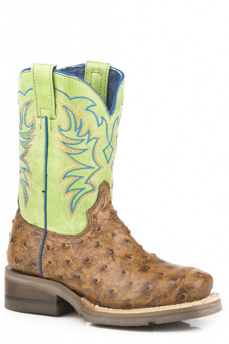 Roper Kids Burnished Tan Embossed Ostrich/Bright Green Leather Boots