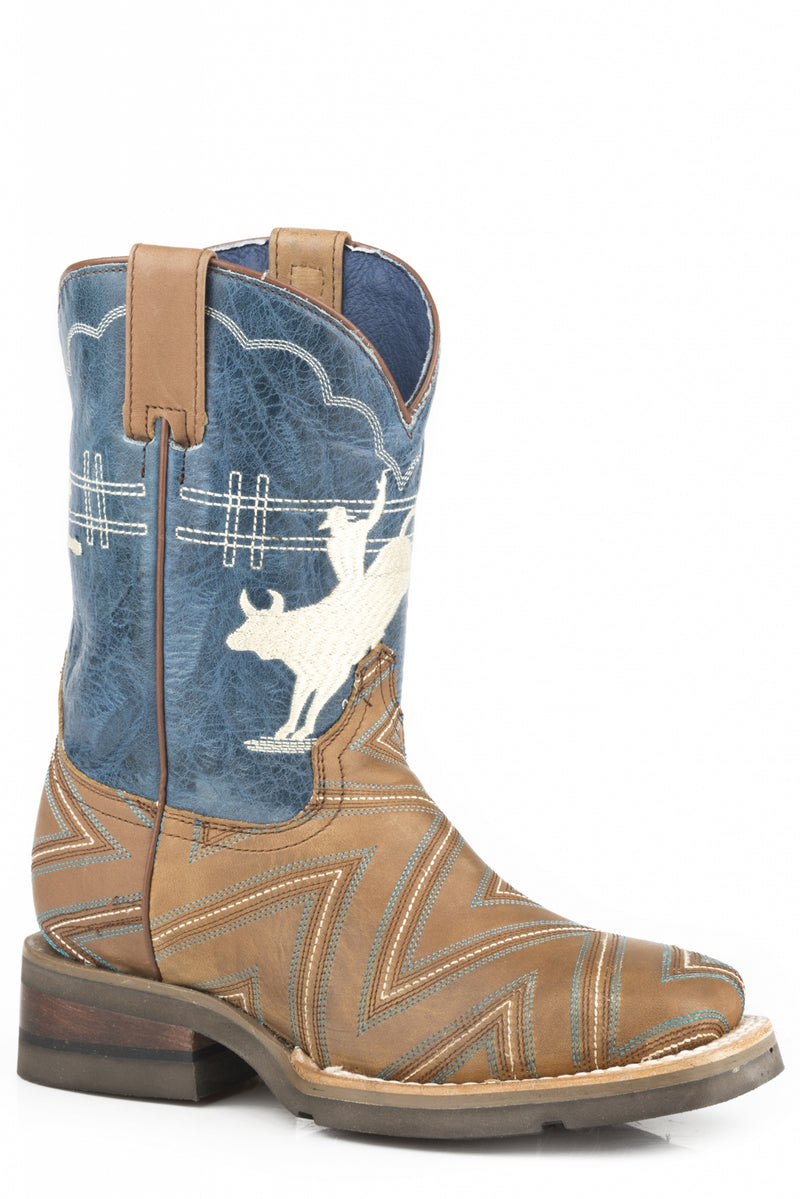 Roper Boys Stitched Tan/Embroidered Bull Rider Western Leather Boots