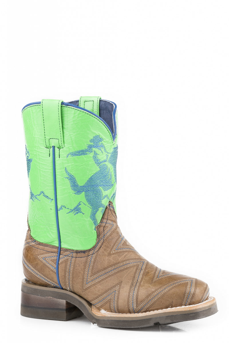 Roper Boys Stitched Tan/Neon Green Bronco Rider Western Leather Boots