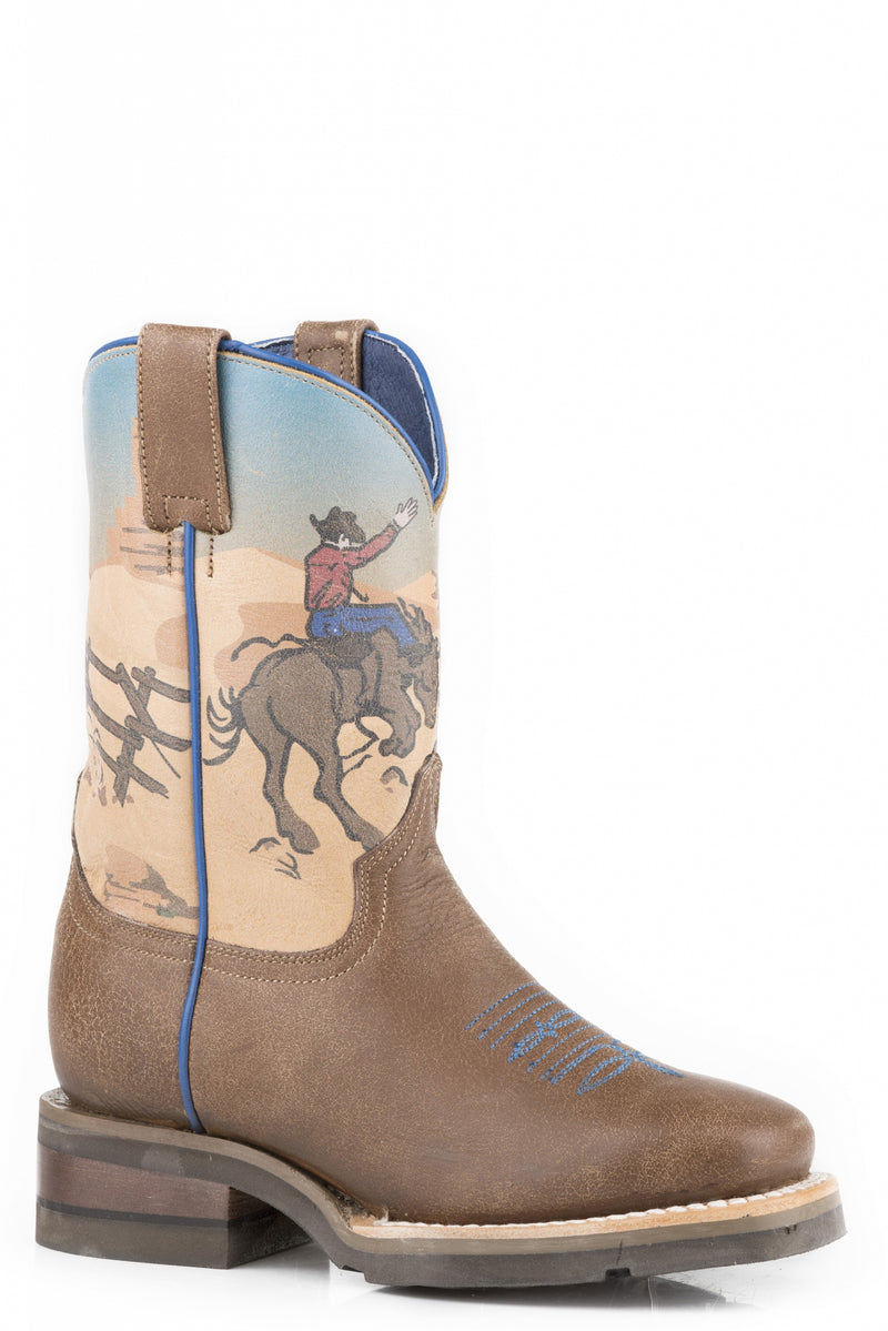 Roper Boys Vintage Brown/Bronco Rider Print Leather Boots