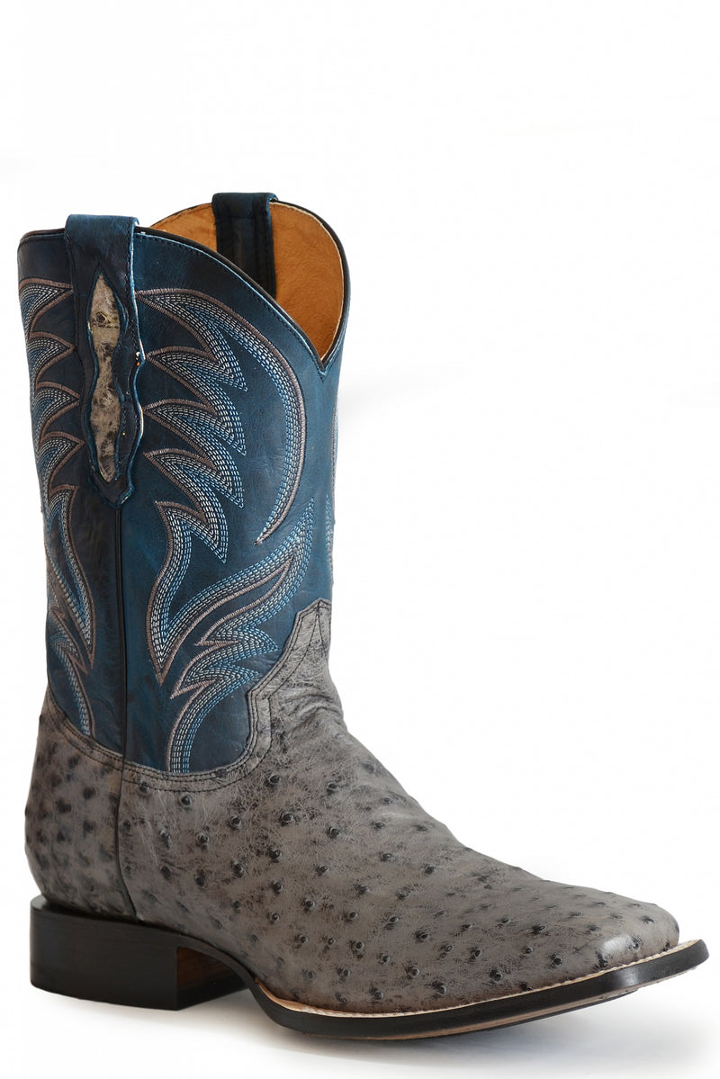 Roper Mens Grey Ostrich Full Quill Vamp/Blue Western Boots
