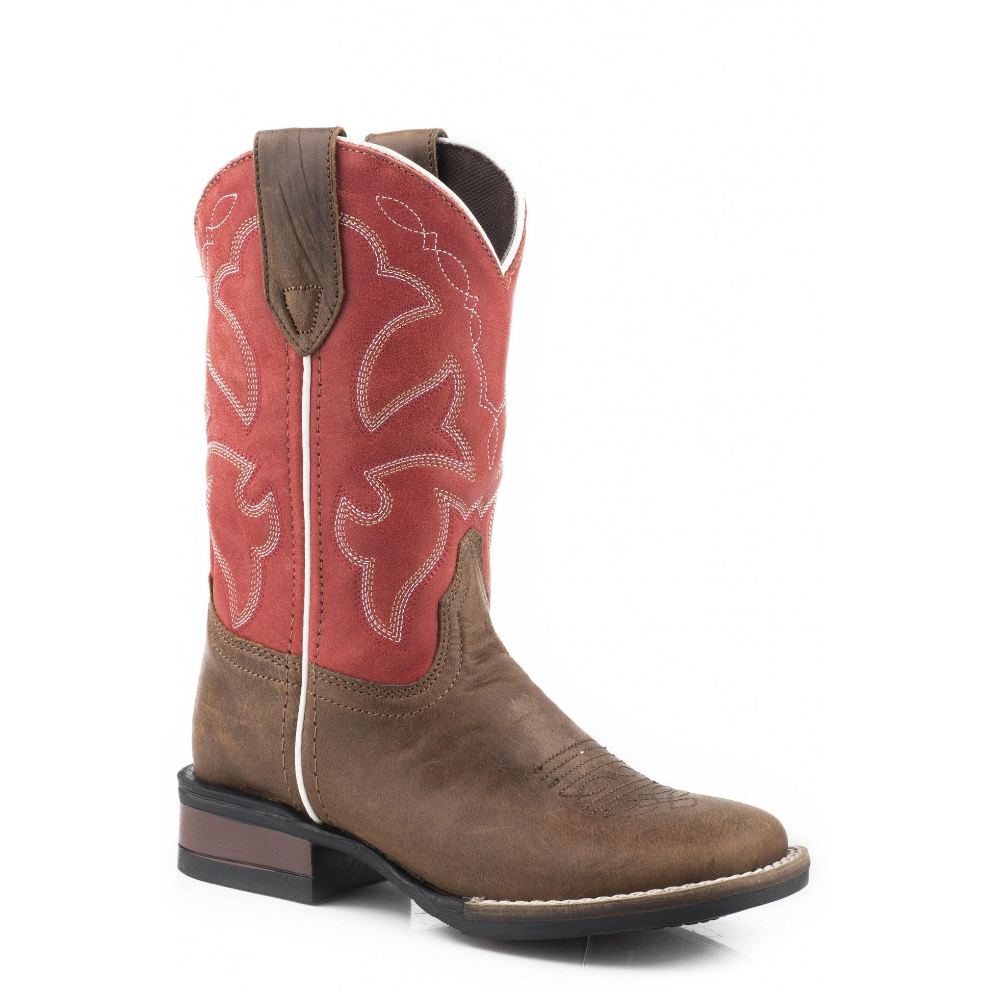 Roper Kids Dark Tan Leather Vamp with Coral Rose Shaft Boots