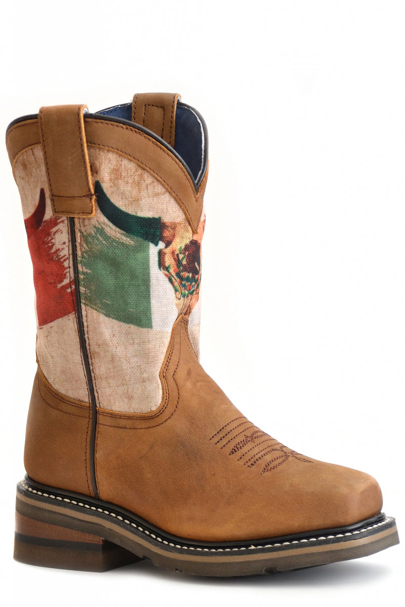 Roper Kids Oily Brown Leather/Mexican Flag Western Boots