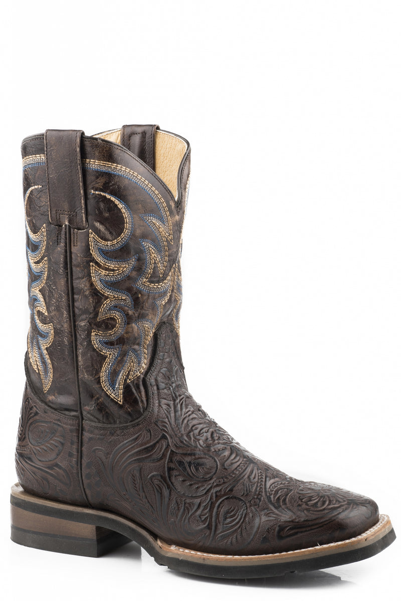 Roper Mens Square Toe Embossed Handtooled GEO Outsole Leather Boots