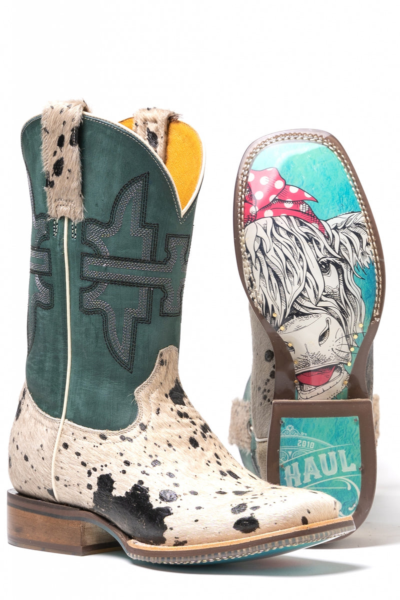 Tin Haul Ladies Square Toe Boots - Shaggy Spot with Priceless Sole