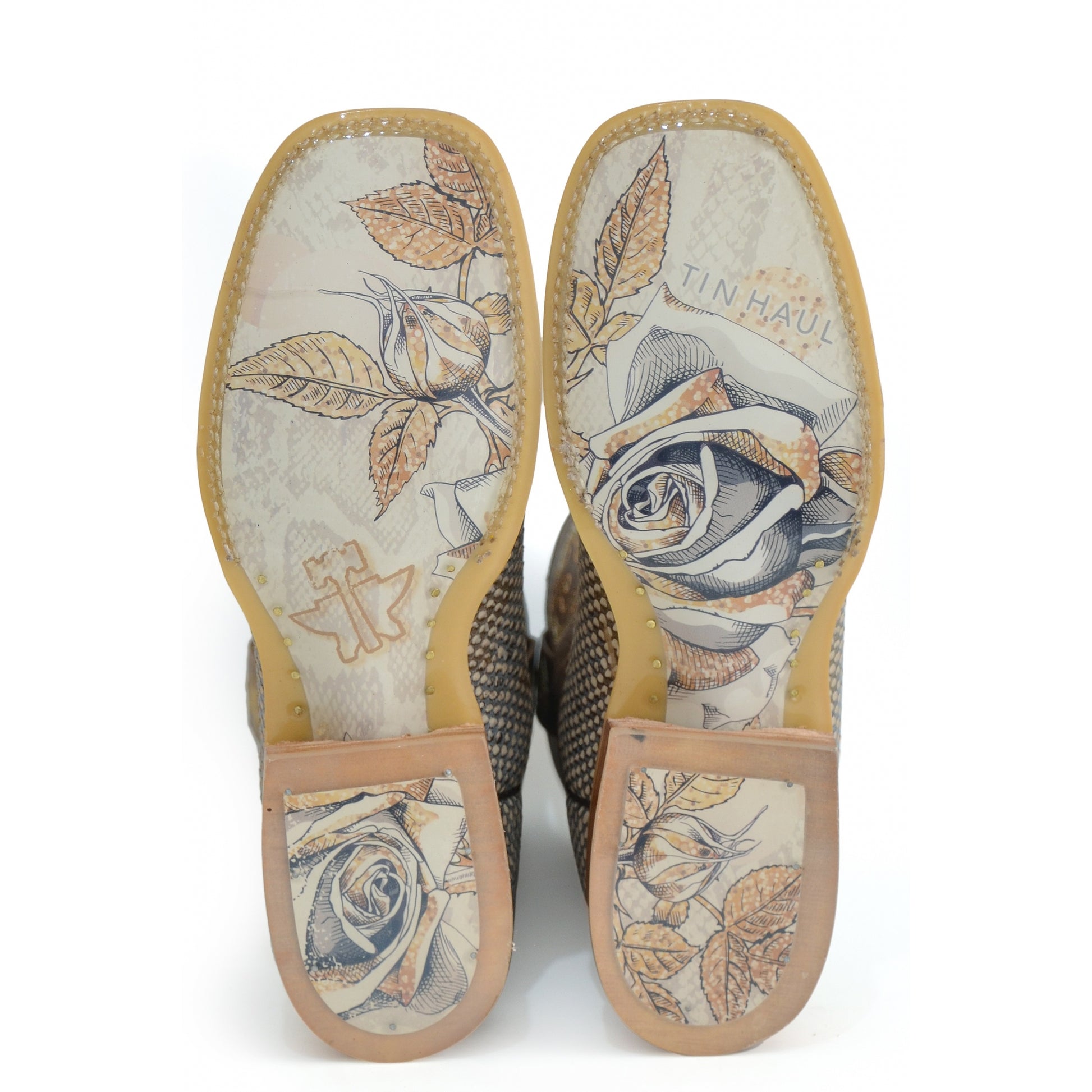 Tin Haul Ladies Square Toe Boots - Cobra Queen with Golden Flower Sole
