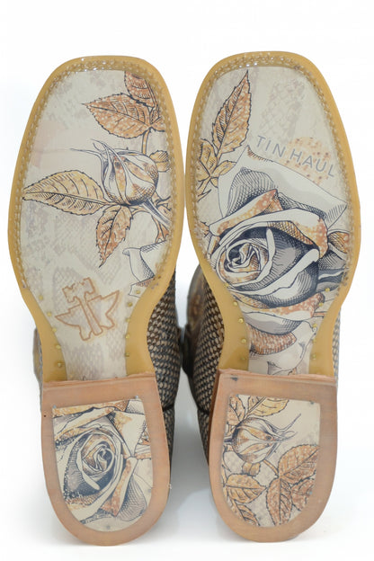 Tin Haul Ladies Square Toe Boots - Cobra Queen with Golden Flower Sole