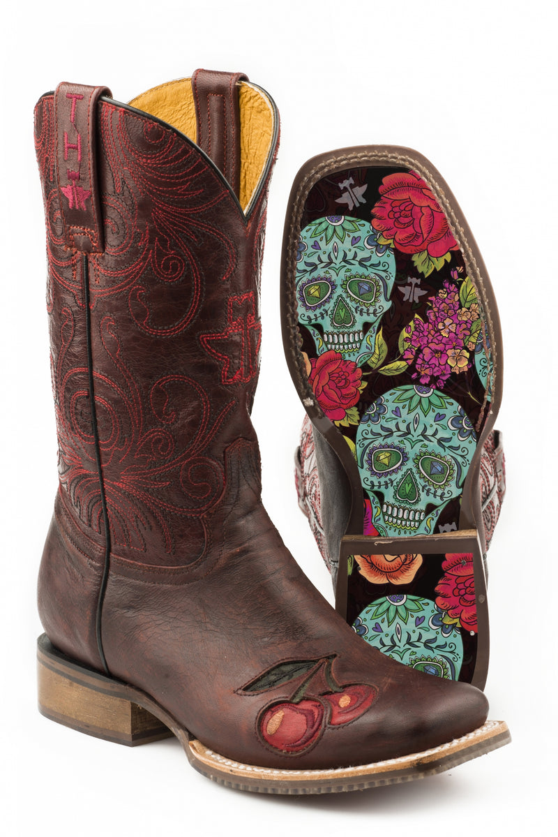 Tin Haul Ladies Square Toe Boots - Mon Cherry with Skull & Roses Sole