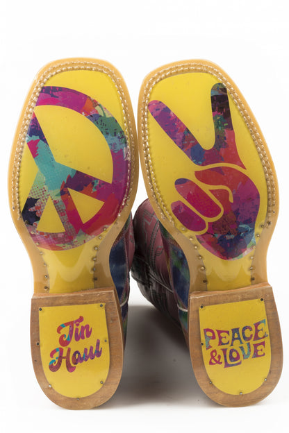 Tin Haul Ladies Square Toe Boots - Trippy Check with Peace & Love Sole