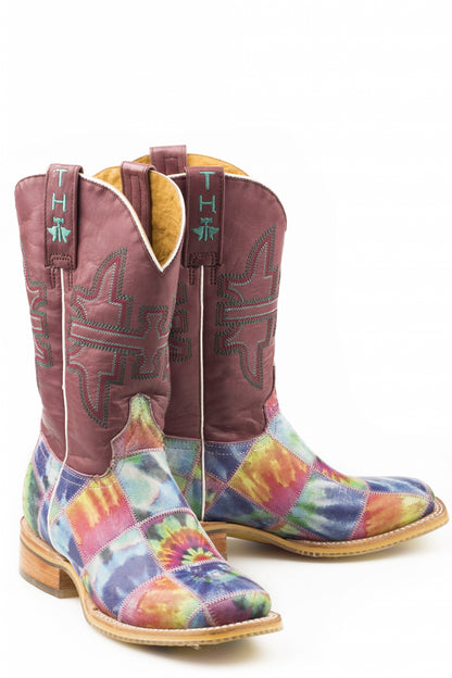 Tin Haul Ladies Square Toe Boots - Trippy Check with Peace & Love Sole
