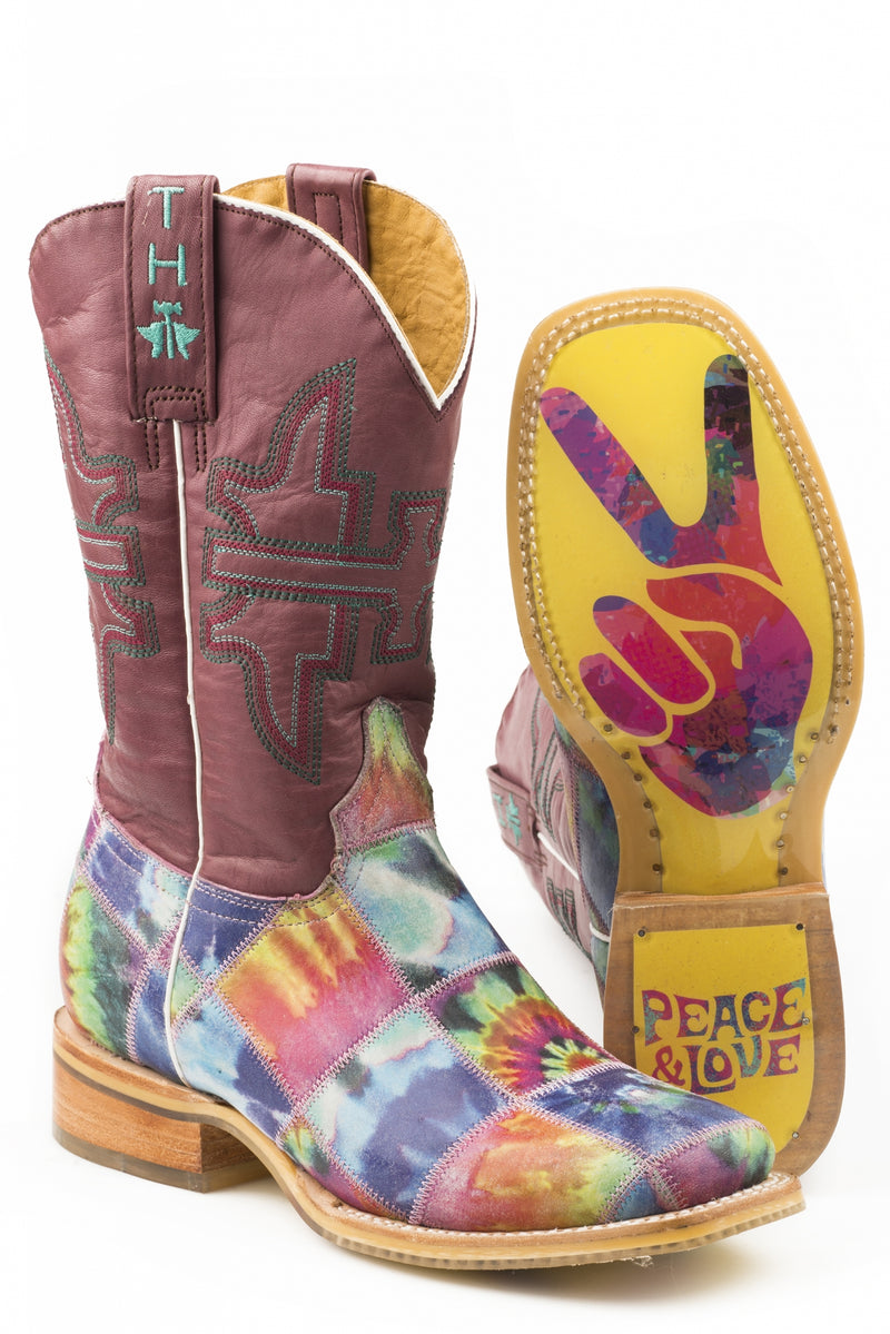 Tin Haul Ladies Square Toe Boots - Trippy Check with Peace & Love Sole