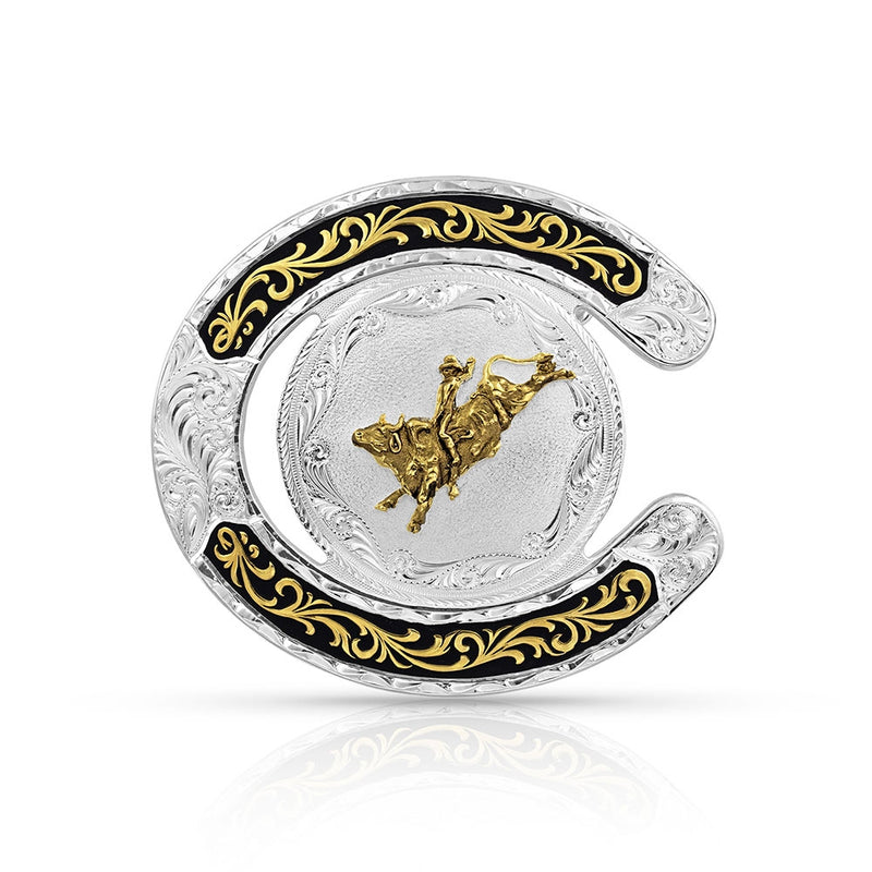 Montana Silversmiths Two Tone Horseshoe Bull Rider Buckle