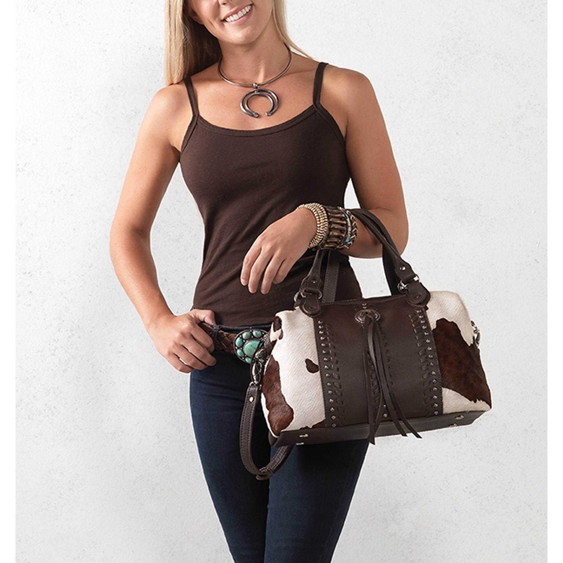 American West Cow Town Large Zip Top Convertible Satchel with Conceal Carry Pocket on Back