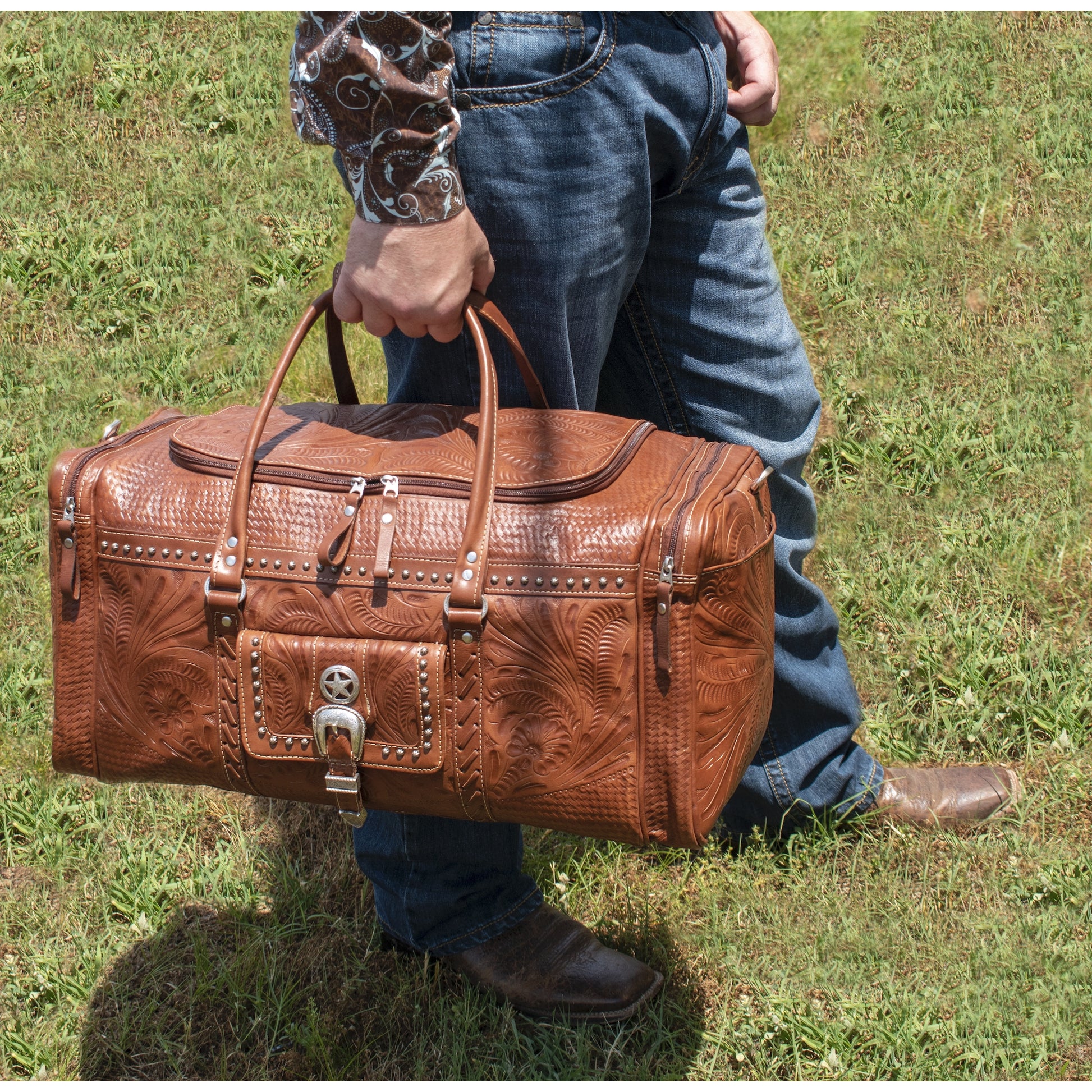 American West Classic Travel Zip Around Duffle Bag With Front Pouch And Side Zipper Pockets