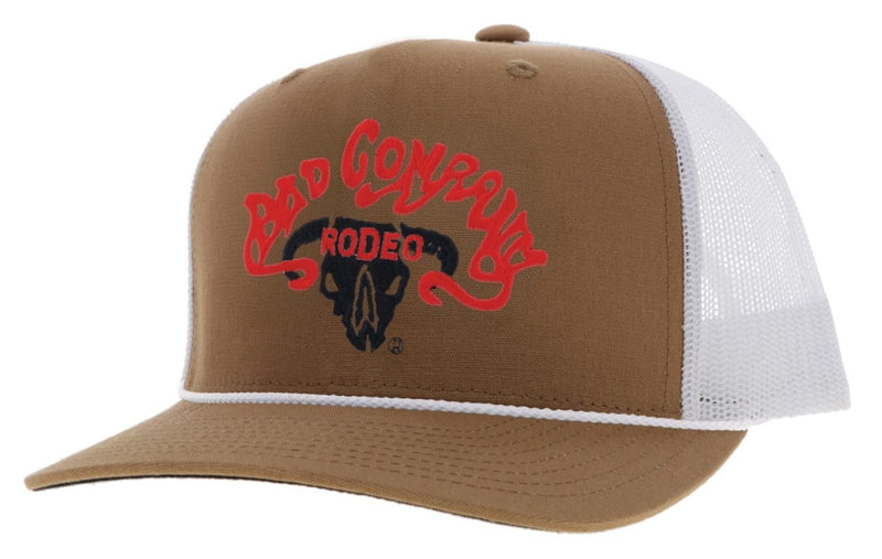Bad Company Tan / White 5-Panel Trucker with Black / Red Embroidery Logo