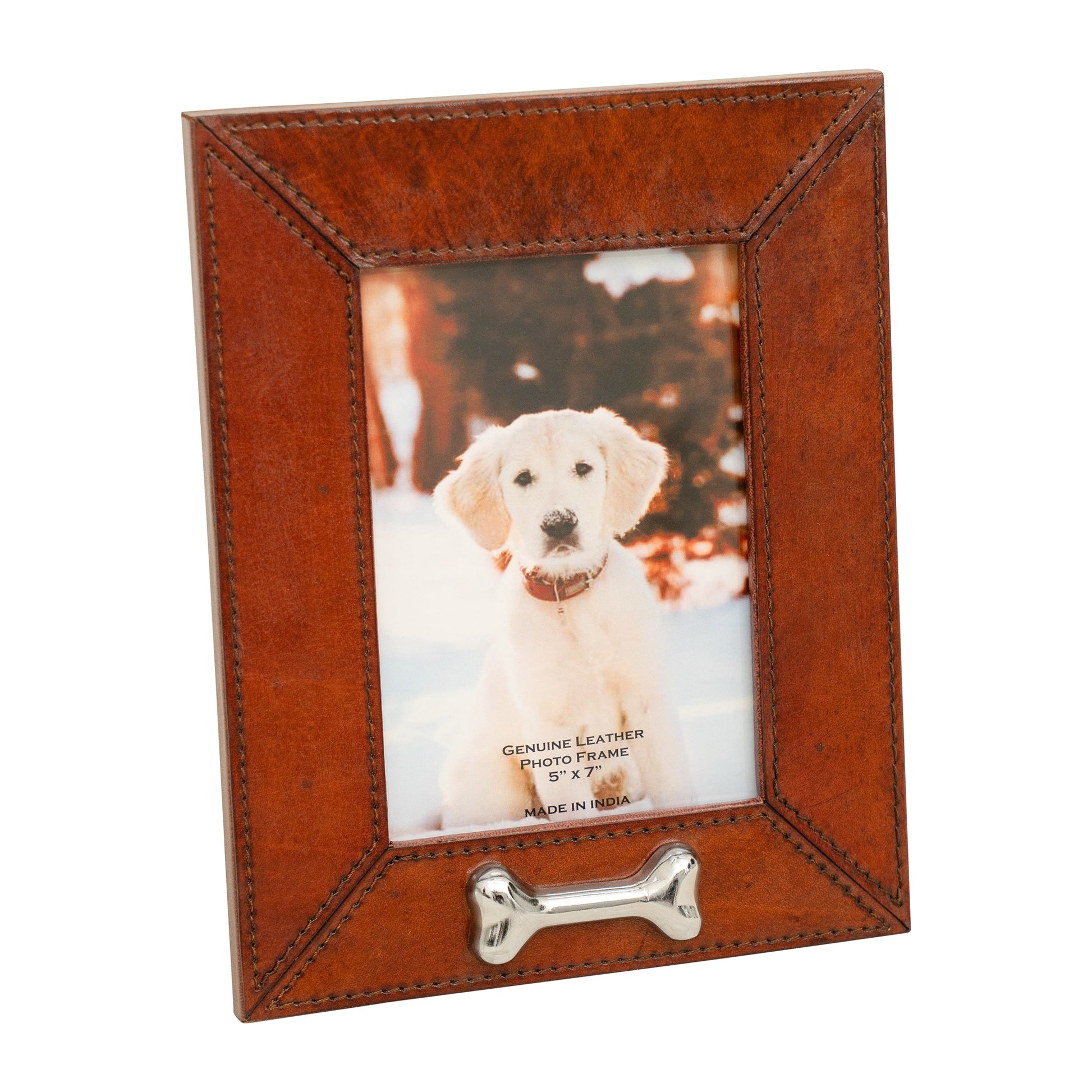 Huntley Equestrian Pet Leather Picture Frame with Silver Bone