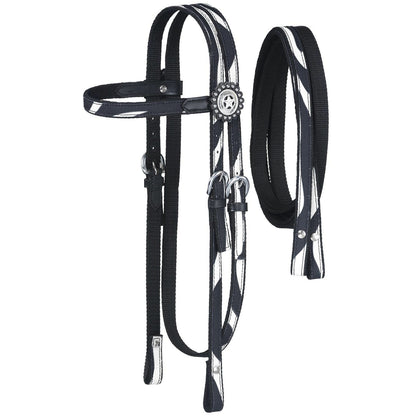Tough-1 Dot & Print Browband Headstall/Rein Set - Zebra