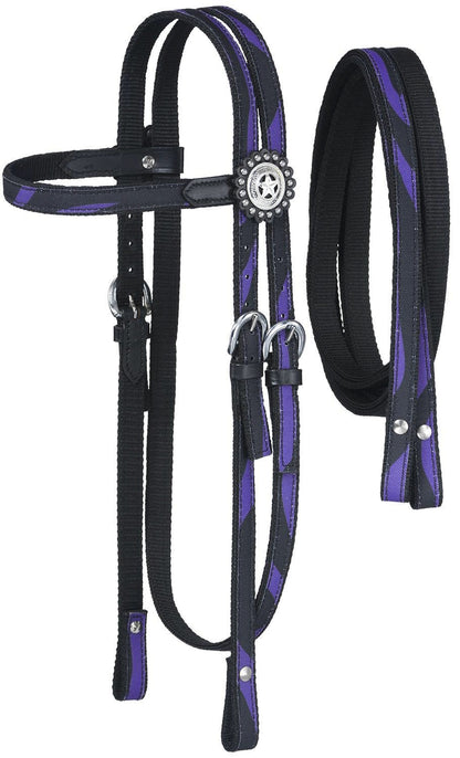 Tough-1 Dot & Print Browband Headstall/Rein Set - Zebra