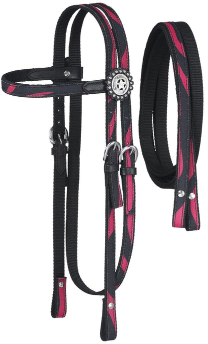 Tough-1 Dot & Print Browband Headstall/Rein Set - Zebra