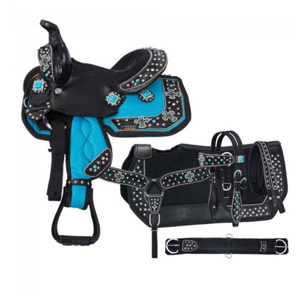 Eclipse By Tough-1 Starlight Turquoise Cross Pro Pony Trail Saddle - 5 Piece