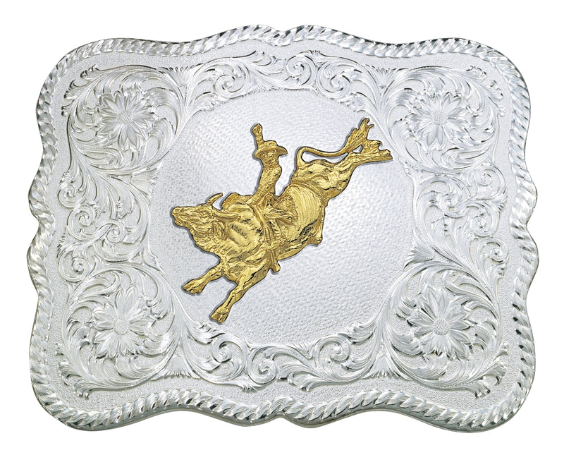 Montana Silversmiths Scalloped Silver Western Belt Buckle with Bull Rider