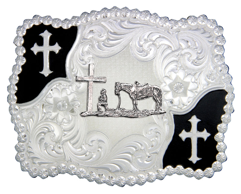 Montana Silversmiths Christian Flourish Scallop Shape Belt Buckle with Christian Cowboy