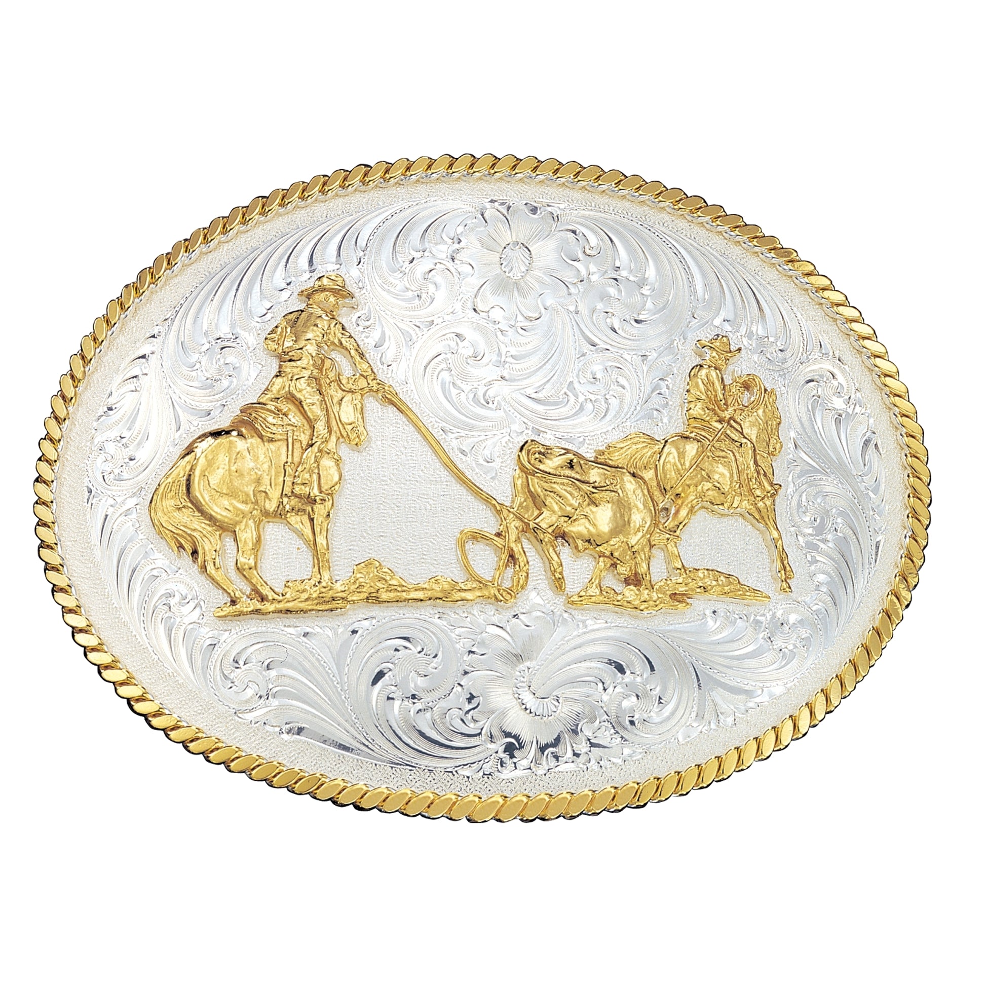 Montana Silversmiths Large Silver Engraved Western Belt Buckle with Team Ropers