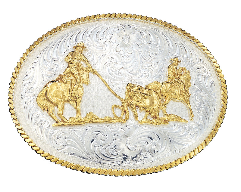 Montana Silversmiths Large Silver Engraved Western Belt Buckle with Team Ropers