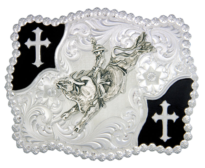 Montana Silversmiths Christian Flourish Scallop Shape Belt Buckle with Bullrider
