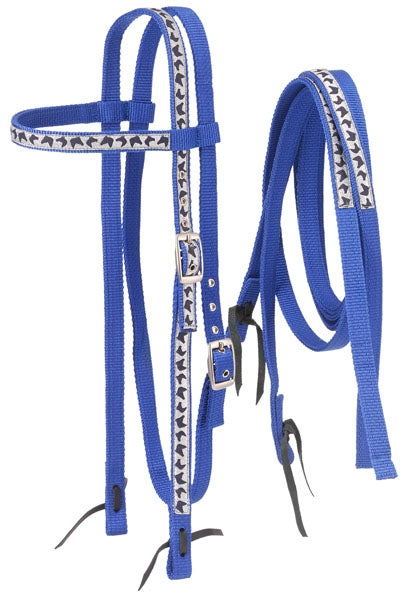 Tough-1 Nylon Browband Headstalls and Reins with Printed Horse Head Overlay