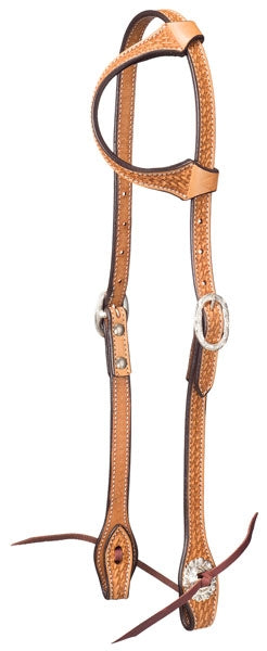 Tough-1 Leather Single Ear Headstall - Basket Stamp with Silver Hardware