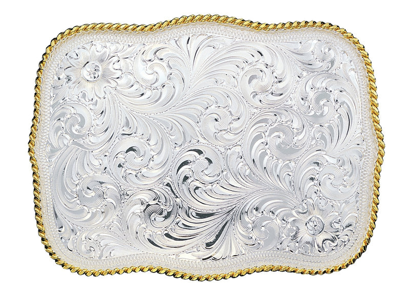 Montana Silversmiths Large Scalloped Silver Engraved Western Belt Buckle
