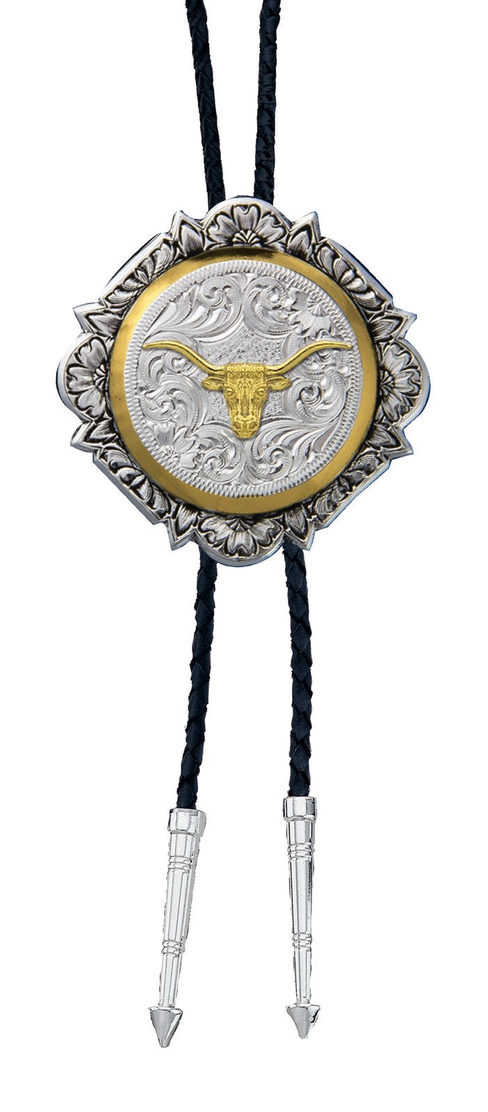 Montana Silversmiths Silver And Gold Engraved Button Bolo Tie