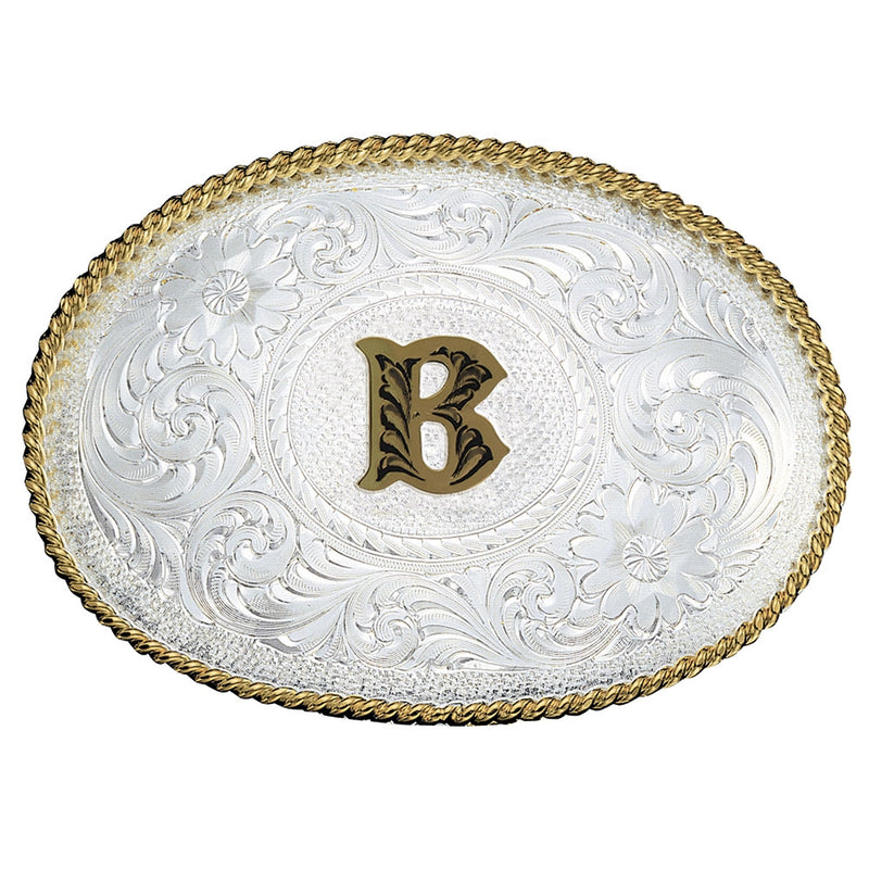 Montana Silversmiths Initial Silver Engraved Gold Trim Western Belt Buckle