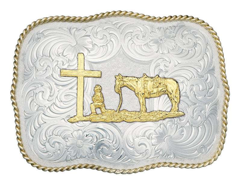 Montana Silversmiths Scalloped German Silver Belt Buckle with Christian Cowboy