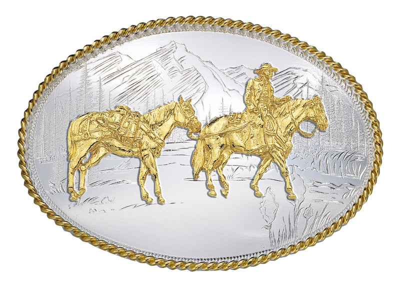 Montana Silversmiths Etched Mountains Belt Buckle with Pack Horse