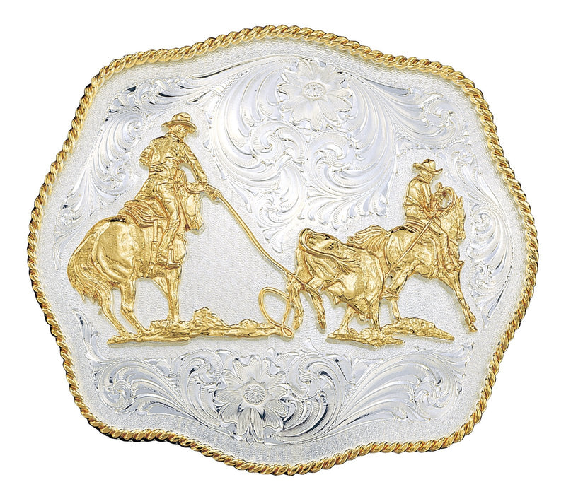 Montana Silversmiths Scalloped Western Belt Buckle with Team Ropers