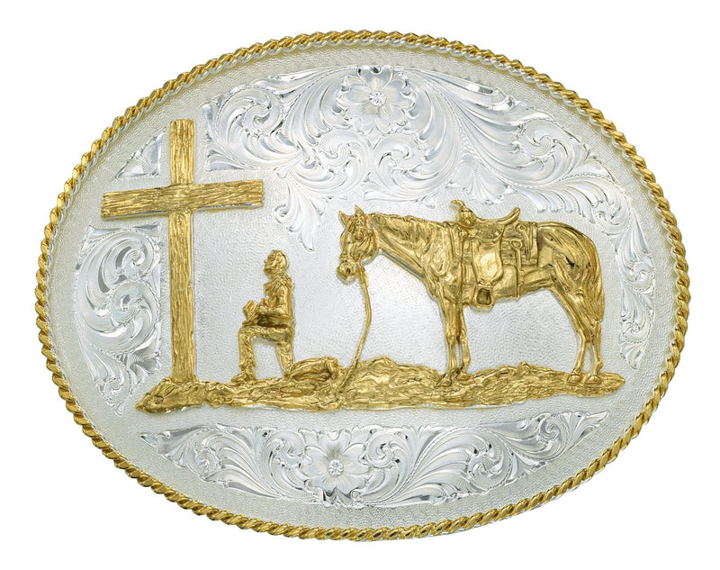 Montana Silversmiths Large Silver Engraved Belt Buckle with Christian Cowboy
