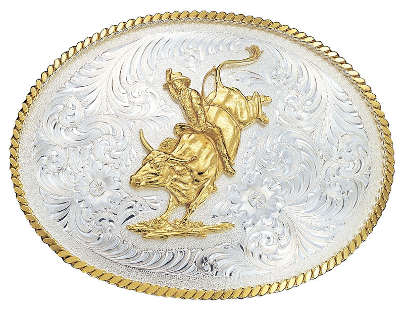 Montana Silversmiths Large Silver Engraved Western Belt Buckle with Bull Rider
