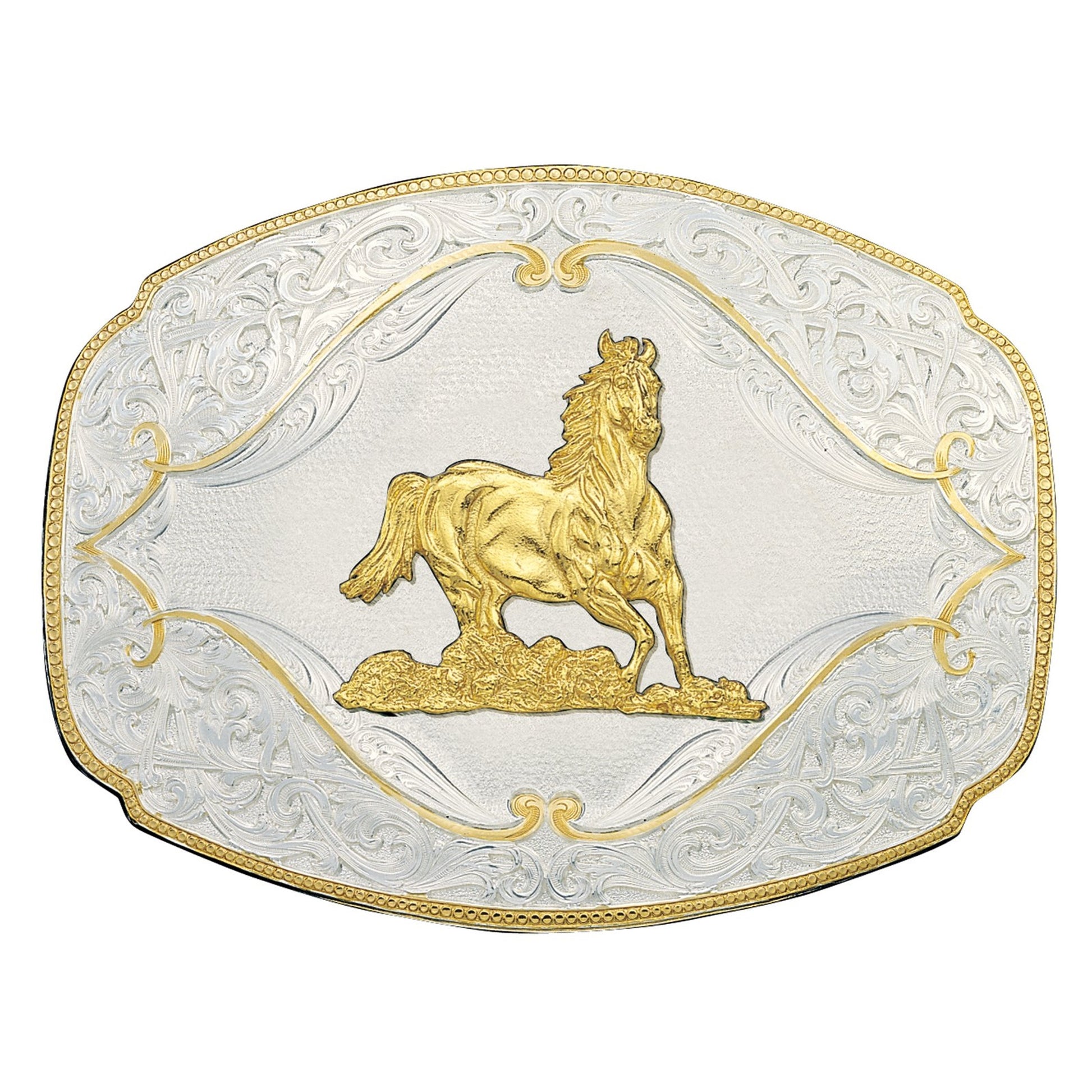 Montana Silversmiths Gold Flourish Western Belt Buckle with Galloping Horse