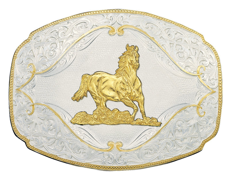 Montana Silversmiths Gold Flourish Western Belt Buckle with Galloping Horse