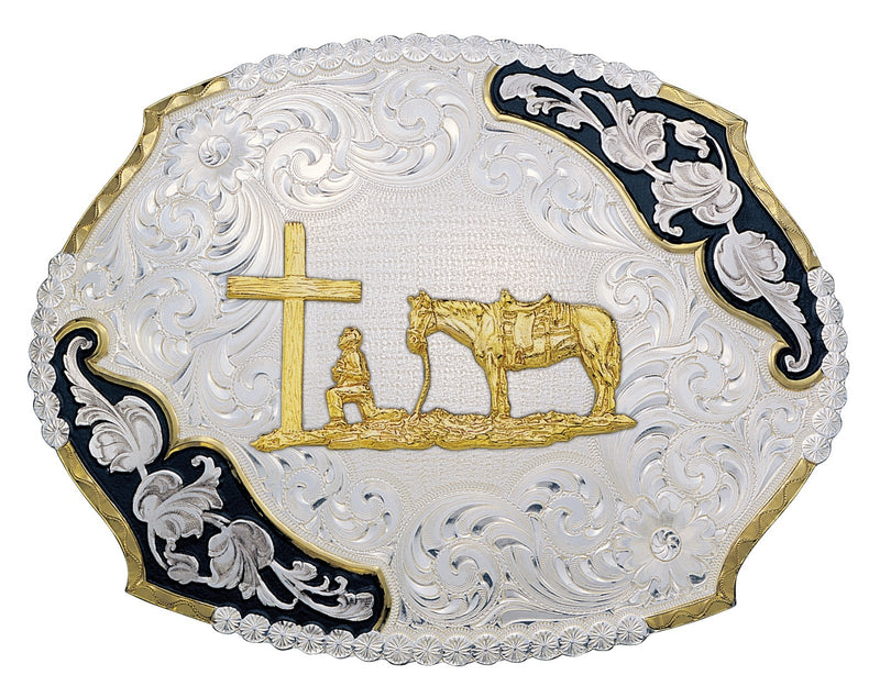Montana Silversmiths Antique Leaves Western Belt Buckle with Christian Cowboy